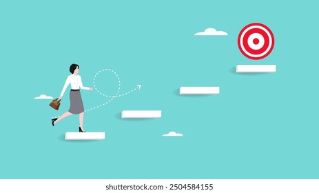 progress toward success or career success, journey to achieve target or business goal, personal development goal for work, way to achieve goal, businesswoman climbs the stairs towards her life's goals