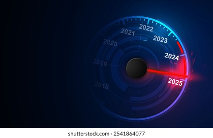 Progress Towards 2025 - Contagem regressiva do velocímetro do Ano Futurista para 2025 - Progressão do Tempo Futurista. ilustração vetorial