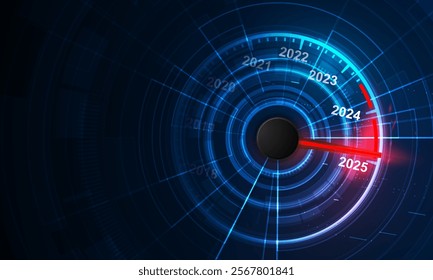 Progress Towards 2025 - Futuristic Year Speedometer  Countdown to 2025 - Futuristic Time Progression. vector illustration