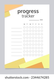 Progress tracker worksheet design template. Blank printable goal setting sheet. Time management sample. Scheduling page for organizing personal tasks. Barlow Regular, Bold, Oxygen fonts used