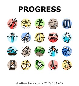 Fortschrittstrend Unternehmenssymbole Vektorgrafik festlegen. Pfeilwachstum, Arbeitswirtschaft, Prozessgewinn, Diagramm, Einkommensfinanzierung, Strategie Fortschrittstrend Unternehmenssymbole