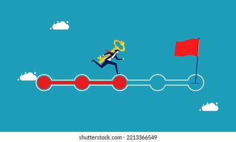 Progress or unlock missions. determined businessman runs on the progress bar for the future.