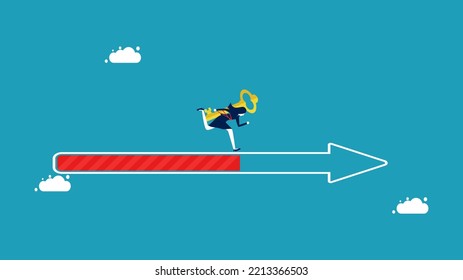 Progress or unlock missions. determined businesswoman runs on the progress bar for the future