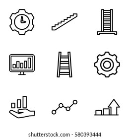 progress vector icons. Set of 9 progress outline icons such as ladder, stairs, chart, line graph, graph, graph on hand, gear    sign symb
