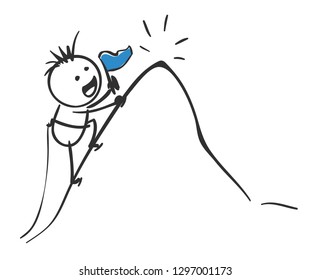 Progress. Vector illustration, little man climbing the mountain to the top.