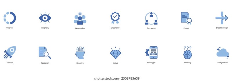 Progress, Visionary, Generation, Originality, Teamwork, Patent, Breakthrough, Startup, Research, Creative, Value, Prototype, Thinking, Imagination Vector Icon Set