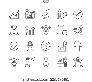 Progress. Visionary and mentorship. Time management. Progress tracking. Business success. Pixel Perfect Vector Thin Line Icons. Simple Minimal Pictogram