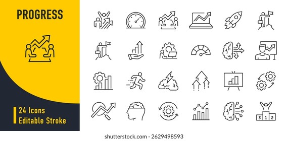 Progress web icons in line style. Brainstorming, creativity, skill, strategy, startup, management, collection. Vector illustration.
