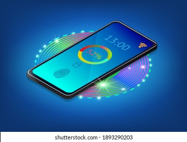 Der Fortschritt der drahtlosen Ladung des Akkus des Telefons. Isometrische Vektorgrafik