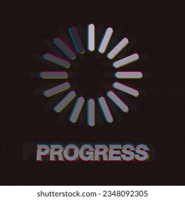 PROGRESS word with loading circle CMYK colors overlap transparent riso print effect vector illustration on black background.