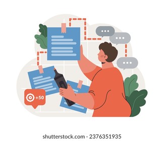 Progress. Work optimization and efficiency. Character moving towards the goal, target and success. Projects or work tasks. Time optimization and progress checking. Flat vector illustration
