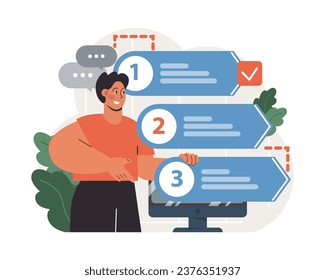Progress. Work optimization and efficiency. Character moving towards the goal, target and success. Projects or work tasks. Time optimization and progress checking. Flat vector illustration