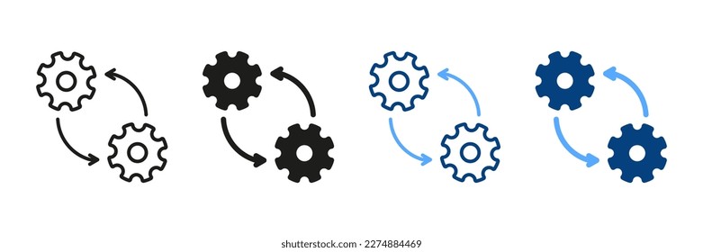 Progress and Workflow Symbol Collection. Cog Wheel in Process Line and Silhouette Icon Set. Circular Arrow, Cogwheel, Operation Gear Pictogram. Isolated Vector Illustration.
