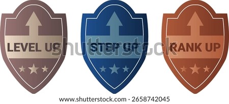 Progression Badge Trio –Level Up, Step Up, Rank Up Shield Icons Vector.