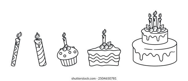 Progression Of Birthday Candles And Cakes, Starting With Individual Candles, Followed By Cupcake With Candle, Slice