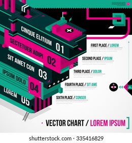 Progression chart layout in weird geometric style with abstract shapes and flashy colors. EPS10 vector template