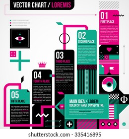 Progression chart layout in weird geometric style with abstract shapes and flashy colors. EPS10 vector template