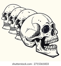 Progressão de cinco crânios humanos em perfil com bocas abertas em um fundo de creme macabro da morte