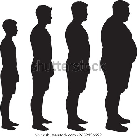 A progression of male body types from thin to obese, depicted in a stark black silhouette against a white background.