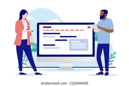 Progression planning - Business man and woman making plans next to computer with calendar and progress plan. Flat design vector illustration with white background