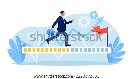 Progression from start to success or achieve goal. Business career path, mission or challenge to succeed. Businessman run on progress bar to achieve success flag. Project tracking, goal tracker