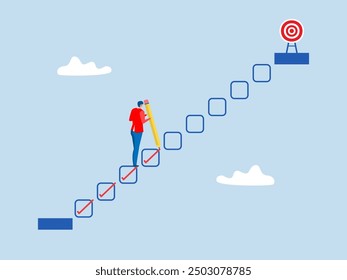 Progression from start to success, ,businessman step up checklist as staircase or todo list for businessman to achieve target  ,development or improvement, challenge to progress