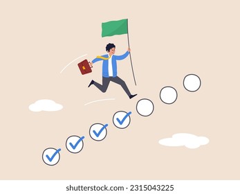 Progression from start to success, challenge to progress and win competition, tasks completion to finish project, development or improvement, businessman step on checklist to target.