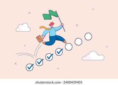 Progreso desde el inicio hasta el éxito, desafío al progreso y ganar competencia, finalización de tareas para terminar el proyecto, desarrollo o mejora, paso del empresario en la lista de verificación a objetivo.