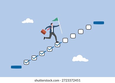 Progresión desde el inicio hasta el éxito, desafío para progresar y ganar la competencia, el hombre de negocios paso en la lista de verificación para progresar hasta el objetivo, desarrollo o mejora, finalización de tareas para terminar el proyecto.