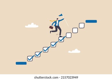 Progression from start to success, development or improvement, challenge to progress and win competition, tasks completion to finish project, businessman step on checklist to progress to target.