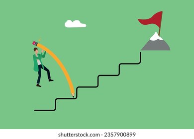 Progression from start to success, development or improvement, challenge to progress and win competition, , businessman on step to progress to target