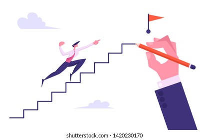 Progressive Businessman Character Run to Top of Hand Drawn Ladder with Red Flag, Business Man Climbing Upstairs to Reach Goal, Leadership, Success, Challenge Concept, Cartoon Flat Vector Illustration