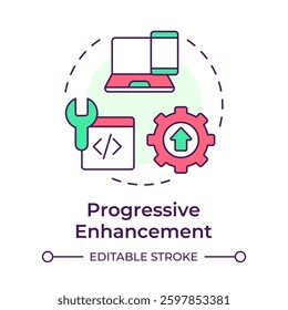Progressive enhancement multi color concept icon. Work for all users and devices. Feature of PWAs. Round shape line illustration. Abstract idea. Graphic design. Easy to use in presentation
