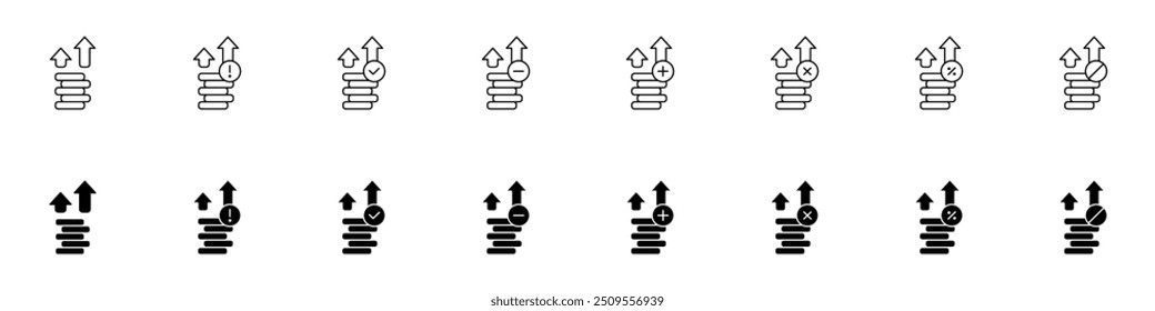 Progressive Growth Icons set with Upward Arrows - Business Success, Financial Increase, Positive Trend Indicator, Development Graph Line Art, Economic Improvement, Revenue Escalation, Market