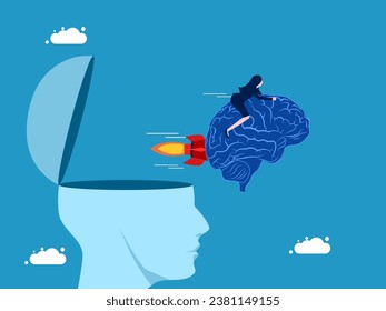 Progressive leaders. Businesswoman controls brain flying out of head