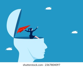 Progressive leaders. Businesswoman throwing paper airplane from head