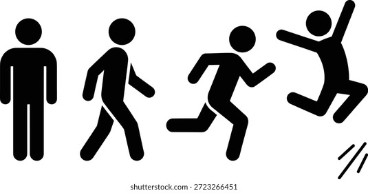 Progressive motion stick figure icon set showing standing, walking, running, and jumping actions for fitness, activity, and movement themesProgressive motion stick figure icon set showing standing, walking, running, and jumping actions for fitness, activity, and movement themes