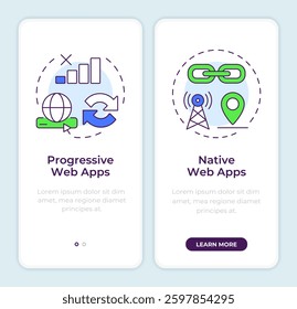 Progressive and native web onboarding mobile app screen. Walkthrough 2 steps editable graphic instructions with linear concepts. UI, UX, GUI template