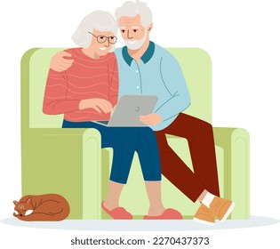 Los ancianos progresistas usan internet. Concepto de personas mayores y tecnologías. Pareja adulta mayor que usa laptop que aprende en común la comunicación en línea Vector ilustración Estudiar computadora