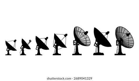 Progressive satellite dishes arrayed in size sequence for communication concepts vector