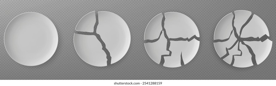 Sequência progressiva mostrando a placa de porcelana branca quebrando-se em fragmentos. Prato de cerâmica 3d realista com destruição gradual de intacto com três estágios de rachadura em fundo transparente.