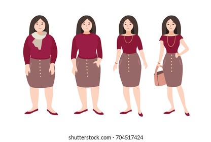 Progressive steps of young female cartoon character's body changing. Concept of weight loss through fitness workouts and proper nutrition. Vector illustration. 