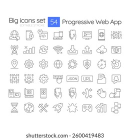 Progressive web app linear icons set. PWA development platform service. Digital technology application. Customizable thin line symbols. Isolated vector outline illustrations. Editable stroke
