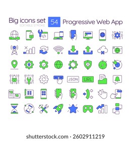 Progressive web app RGB color icons set. PWA development platform. Digital technology application. Isolated vector illustrations. Simple filled line drawings collection. Editable stroke