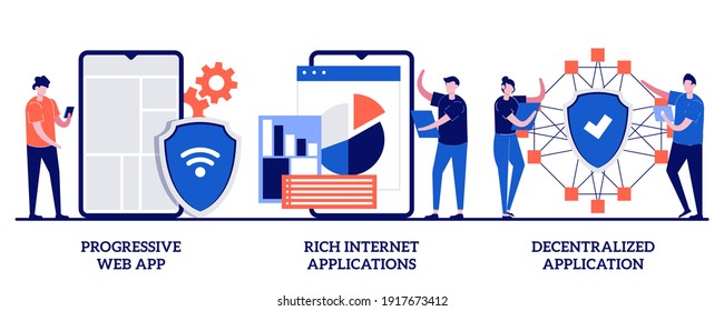 Progressive Web App, Rich Internet And Decentralized Applications Concept With Tiny People. Mobile App Development Vector Illustration Set. Open Source Platform, User Interaction Design Metaphor.