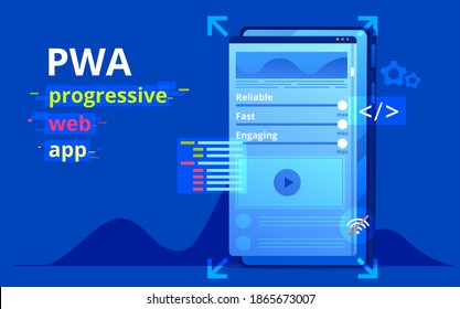 Progressive Web App Vector Banner. Phone With Responsive Website App. Icons Of Code, Tools, Gears