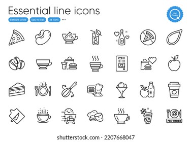 Prohibit food, Potato and Ice cream line icons. Collection of Cutting board, Pizza, Food delivery icons. Coffee-berry beans, Chef, Love champagne web elements. Espresso cream, Coffee cup. Vector
