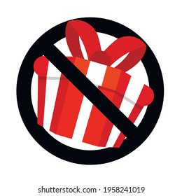 Prohibit sign and no gift and surprise, prohibitory present package, prohibition giving gift box with ribbon, ban celebrating party. Vector illustration