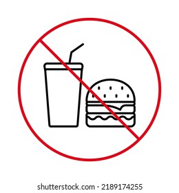 Prohibir Comida No Saludable. Prohibir comida chatarra rápida Hamburger Cola Pictogram. Símbolo de parada de bebida. No se permite el letrero de la hamburguesa. Icono de la línea negra del sándwich de soda. Ilustración de vectores aislados.