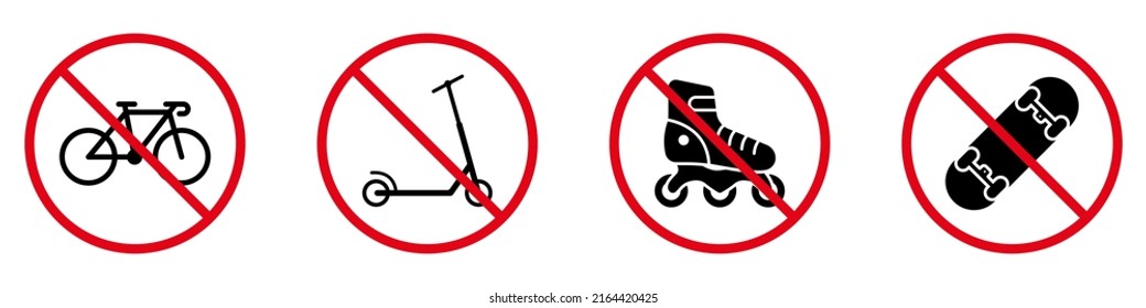 Prohibit Wheel Push Transport. Ban Rollerskate Skate Board Kick Scooter Bike Black Silhouette Icon Set. Forbid Roller Skate Pictogram. No Allowed Bicycle Red Stop Sign. Isolated Vector Illustration.